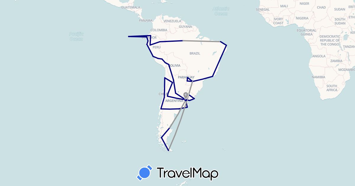 TravelMap itinerary: driving, plane in Argentina, Bolivia, Brazil, Chile, Ecuador, Peru, Paraguay, Uruguay (South America)